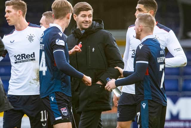 Rangers manager Steven Gerrard speaks with Michael Gardyne at full time during the Scottish Premiership match between Ross County and Rangers at the Global Energy Stadium on December 06, 2020, in Dingwall, Scotland. (Photo by Craig Foy / SNS Group)