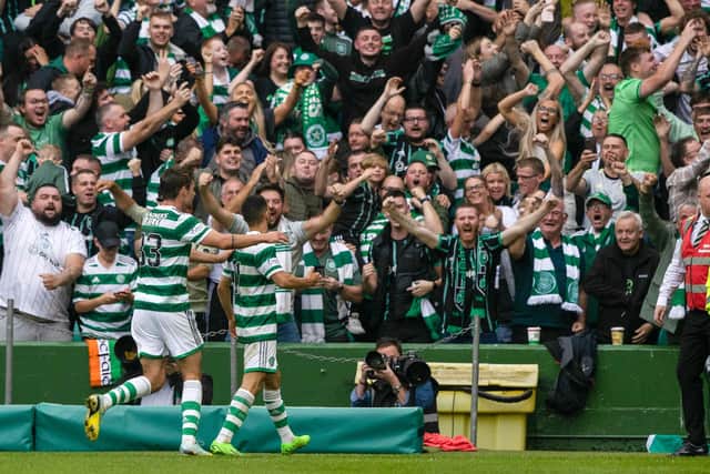 Celtic’s Liel Abada celebrates making it 3-0 against Rangers.