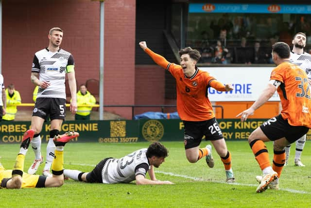 Chris Mochrie scores the winner against Ayr United to seal Dundee United's Premiership return. (Photo by Mark Scates / SNS Group)