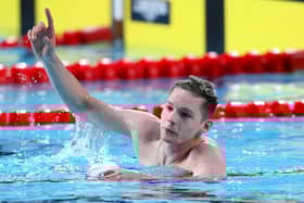 SMETHWICK, ENGLAND - JULY 30: Duncan Scott of Team Scotland celebrates winning gold in the Men's 200m Freestyle Final on day two of the Birmingham 2022 Commonwealth Games at Sandwell Aquatics Centre on July 30, 2022 on the Smethwick, England. (Photo by Quinn Rooney/Getty Images)