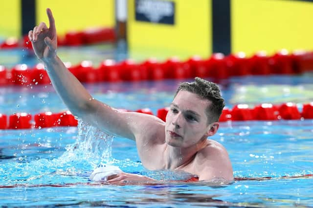 SMETHWICK, ENGLAND - JULY 30: Duncan Scott of Team Scotland celebrates winning gold in the Men's 200m Freestyle Final on day two of the Birmingham 2022 Commonwealth Games at Sandwell Aquatics Centre on July 30, 2022 on the Smethwick, England. (Photo by Quinn Rooney/Getty Images)