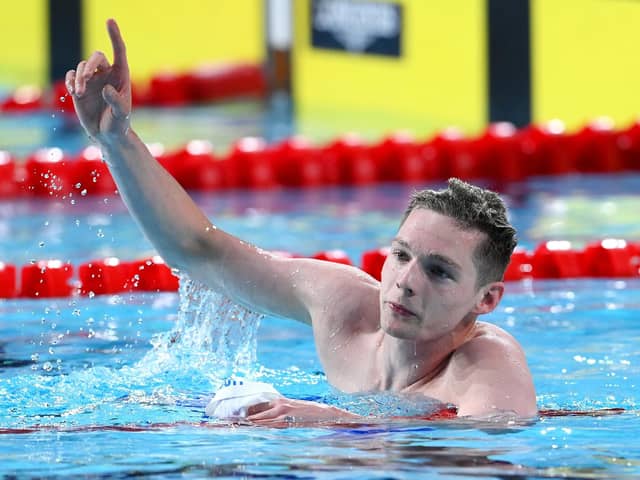 SMETHWICK, ENGLAND - JULY 30: Duncan Scott of Team Scotland celebrates winning gold in the Men's 200m Freestyle Final on day two of the Birmingham 2022 Commonwealth Games at Sandwell Aquatics Centre on July 30, 2022 on the Smethwick, England. (Photo by Quinn Rooney/Getty Images)