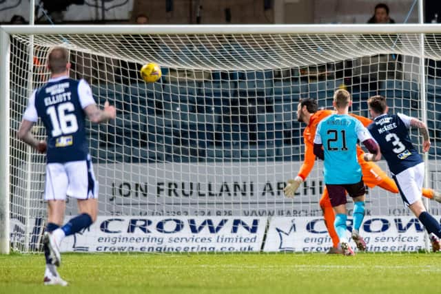 Jordan McGhee heads Dundee's first goal against his old club Hearts.