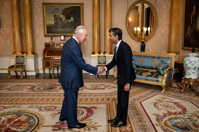 King Charles III welcomes Rishi Sunak during an audience at Buckingham Palace, London, where he invited the newly elected leader of the Conservative Party to become Prime Minister and form a new government. Picture date: Tuesday October 25, 2022.