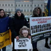 The mothers, wives and relatives of Ukrainian prisoners of war gather at Mykhailivs'ka Square, demanding to liberate their loved ones with a prisoner exchange with Russia in Kyiv, Ukraine in December. Picture: Getty Images