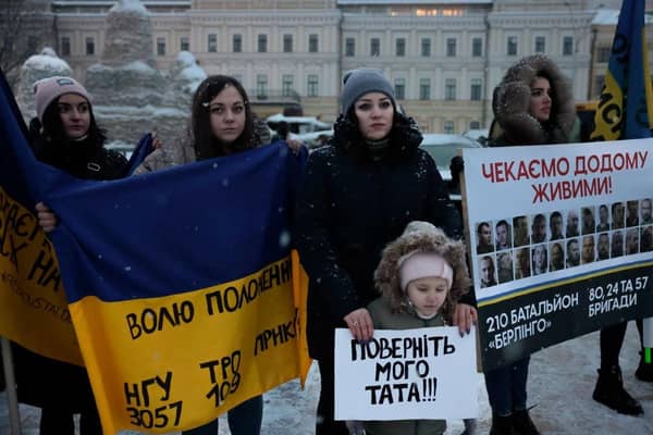The mothers, wives and relatives of Ukrainian prisoners of war gather at Mykhailivs'ka Square, demanding to liberate their loved ones with a prisoner exchange with Russia in Kyiv, Ukraine in December. Picture: Getty Images