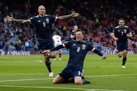 Callum McGregor celebrates his equaliser for Scotland during their 3-1 defeat against Croatia at Hampden in June. It was the Scots' only goal of the Euro 2020 finals.(Photo by Alan Harvey / SNS Group)