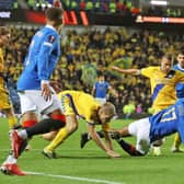 Rangers were denied a strong penalty claim when Joe Aribo went down in the box under this challenge from Brondby defender Sigurd Rosted at Ibrox. (Photo by Craig Williamson / SNS Group)