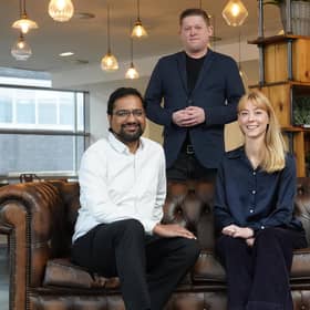 Praveen Ashok, Dave Hughes, and Melissa Hartley at Novosound's new HQ at BioCity in Glasgow. Picture by Stewart Attwood