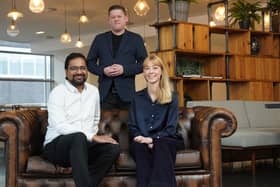 Praveen Ashok, Dave Hughes, and Melissa Hartley at Novosound's new HQ at BioCity in Glasgow. Picture by Stewart Attwood