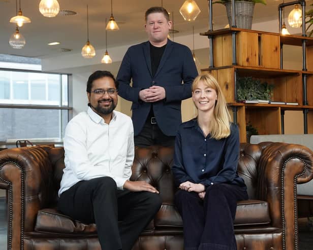 Praveen Ashok, Dave Hughes, and Melissa Hartley at Novosound's new HQ at BioCity in Glasgow. Picture by Stewart Attwood