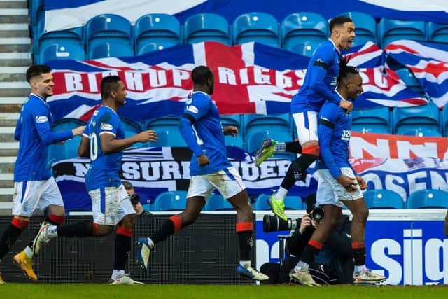 Rangers players celebrate after the corner kick which led to Callum McGregor's own goal for Celtic at Ibrox. (Photo by Craig Williamson / SNS Group)