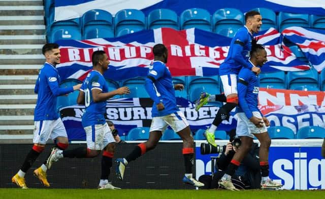 Rangers players celebrate after the corner kick which led to Callum McGregor's own goal for Celtic at Ibrox. (Photo by Craig Williamson / SNS Group)