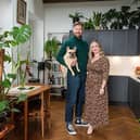Ben, Christina and their dog Watson at home in the Old Train House, in Edinburgh.