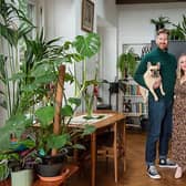 Ben, Christina and their dog Watson at home in the Old Train House, in Edinburgh.