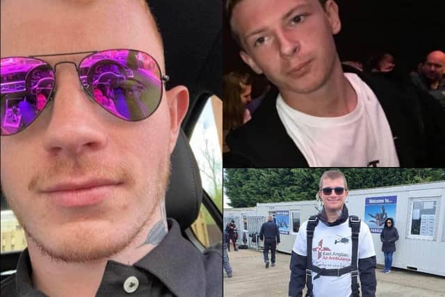 The three victims of the fatal crash last July: Connor Page, 21, left; Reece Williams, 23, top right; and Lewis Sodden, 24, bottom right. Pics: Contributed