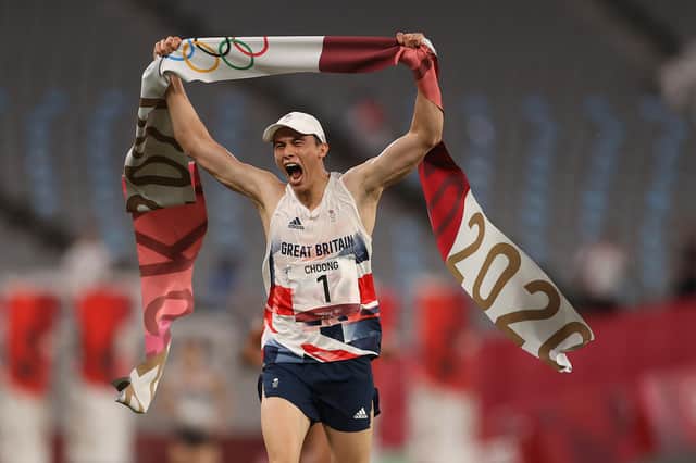 Joe Choong celebrates victory in the Laser Run and winning the gold medal of the Men's Modern Pentathlon. Picture: Dan Mullan/Getty Images
