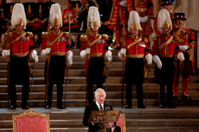 King Charles III gives his address thanking the members of the House of Lords and the House of Commons for their condolences, at Westminster Hall, London, following the death of Queen Elizabeth II. Picture date: Monday September 12, 2022.