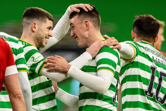 David Turnbull celebrates with Ryan Christie after producing another scintillating strike - his goal enough to see Celtic claim a 1-0 win that gives them five victories on the spin. Photo by Alan Harvey / SNS Group)