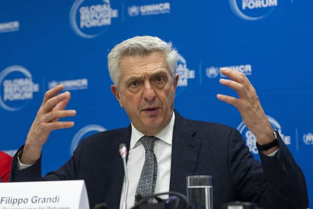 UN High Commissioner for Refugees Filippo Grandi delivers a speech on the opening day of the Global Refugee Forum, in Geneva.
