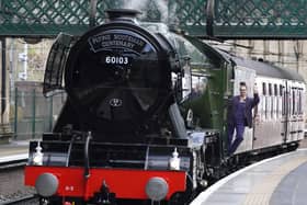Support crew member Jayne Emsley on board Flying Scotsman during its 100th birthday celebrations at Edinburgh Waverley on Friday. Picture: Andrew Milligan/PA Wire