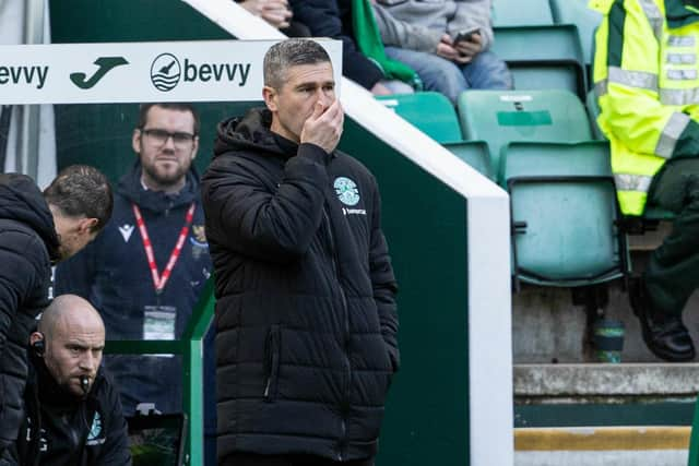 Hibs manager Nick Montgomery looks ashen-faced as his team went down 2-1 to St Johnstone.