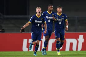 Josh Doig of Hellas Verona celebrates after scoring the opening goal against Udinese at Stadio Marcantonio Bentegodi on October 03, 2022. (Photo by Alessandro Sabattini/Getty Images)