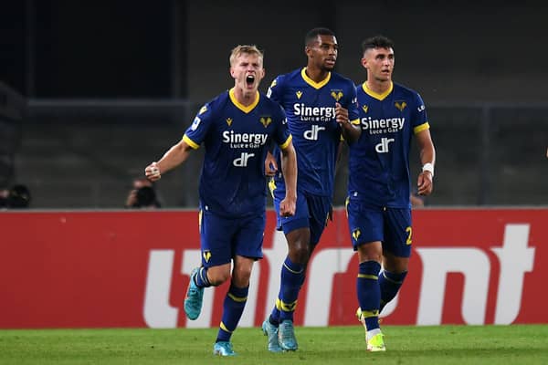 Josh Doig of Hellas Verona celebrates after scoring the opening goal against Udinese at Stadio Marcantonio Bentegodi on October 03, 2022. (Photo by Alessandro Sabattini/Getty Images)