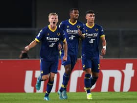 Josh Doig of Hellas Verona celebrates after scoring the opening goal against Udinese at Stadio Marcantonio Bentegodi on October 03, 2022. (Photo by Alessandro Sabattini/Getty Images)