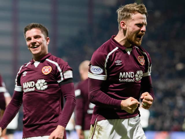 Stephen Kingsley celebrates after scoring Hearts' second goal in the win over Aberdeen. (Photo by Ross Parker / SNS Group)