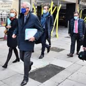 EU chief Brexit negotiator Michel Barnier, wearing an EU flag-themed facemask due to the novel coronavirus pandemic, leaves a hotel in London. Picture: Justin Tallis/AFP via Getty Images