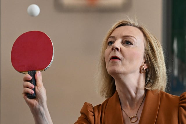 Liz Truss playing table tennis during a visit to the Onside Future Youth Zone in London. Picture; 08/08/22