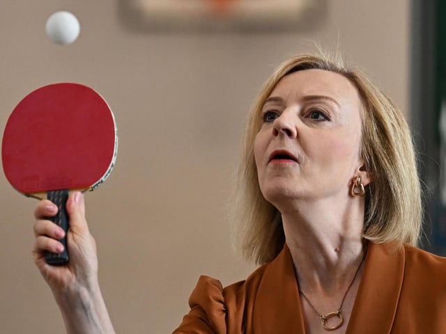 Liz Truss playing table tennis during a visit to the Onside Future Youth Zone in London. Picture; 08/08/22