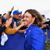 Tommy Fleetwood celebrates with fans after helping Europe win the 2018 Ryder Cup at Le Golf National in Paris. Picture: Stuart Franklin/Getty Images.