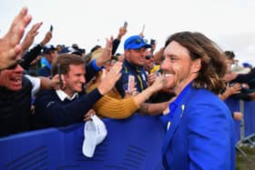 Tommy Fleetwood celebrates with fans after helping Europe win the 2018 Ryder Cup at Le Golf National in Paris. Picture: Stuart Franklin/Getty Images.
