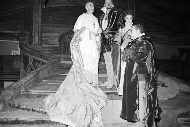Ernest Thesiger, Robert Eddison, Clare Austin & Robert Speaight from The Edinburgh International Festival group production of The Hidden King at the Assembly Hall in 1957. The verse drama received such scathing reviews that a public forum was held
