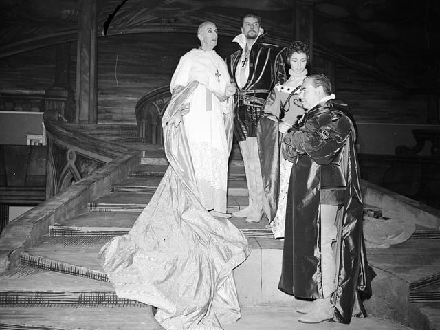 Ernest Thesiger, Robert Eddison, Clare Austin & Robert Speaight from The Edinburgh International Festival group production of The Hidden King at the Assembly Hall in 1957. The verse drama received such scathing reviews that a public forum was held