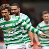 Celtic winger Jota celebrates after scoring his late winner Pittodrie.  (Photo by Alan Harvey / SNS Group)