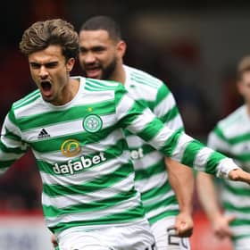 Celtic winger Jota celebrates after scoring his late winner Pittodrie.  (Photo by Alan Harvey / SNS Group)