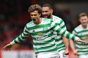 Celtic winger Jota celebrates after scoring his late winner Pittodrie.  (Photo by Alan Harvey / SNS Group)