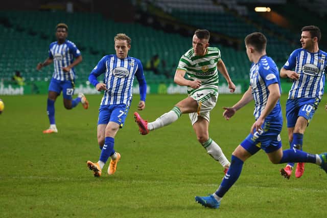 Celtic's David Turnbull has a shot at goal during a Scottish Premiership match between Celtic and Kilmarnock at Celtic Park, on December 13, 2020. (Photo by Craig Foy / SNS Group)