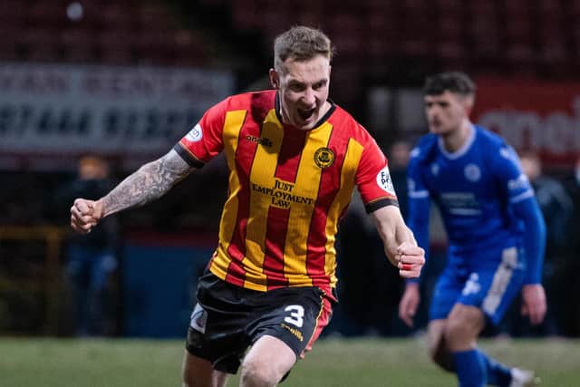 Thistle's Kevin Holt celebrates making it 1-0 during the cinch Championship match between Partick Thistle and Queen of the South at Firhill, on March 08, 2022, in Glasgow, Scotland. (Photo by Ross MacDonald / SNS Group)