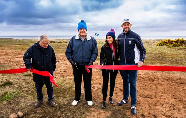 Donald Trump cuts the ribbon on his new McLeod course, which will be designed by Martin Hawtree, left, at Trump International Golf Links in Aberdeenshire.