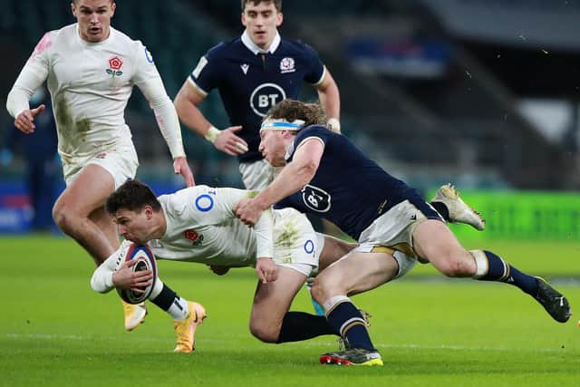 Scotland flanker Hamish Watson gets to grips with England scrum-half Ben Youngs during last year's Calcutta Cup match at Twickenham. (Photo by David Rogers/Getty Images)
