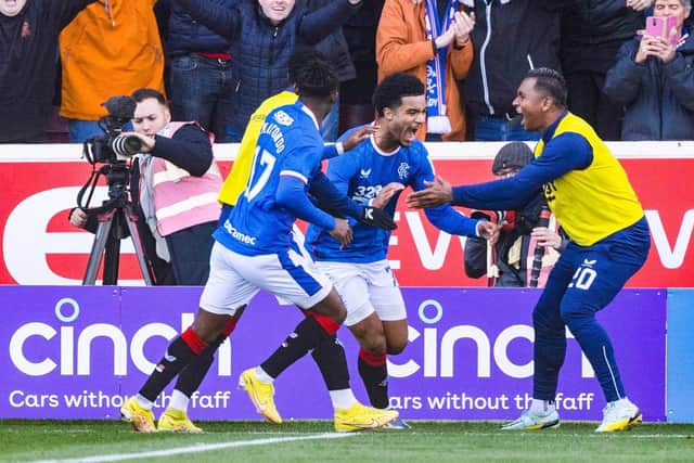 Rangers' Malik Tillman (centre) celebrates after his individual goal gave Rangers the lead at Motherwell.