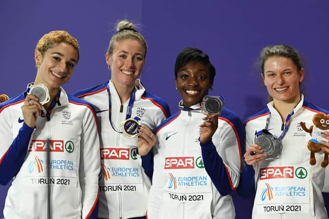 Zoey Clark, right, with the silver medal-winning Great Britain & Northern Ireland 4x400m relay at the European indoor athletics championships in Poland. Picture: Piotr Hawalej/Getty Images