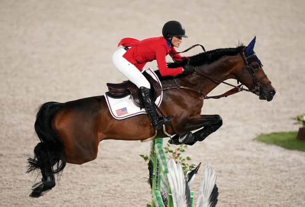 Jessica Springsteen of the US aboard Don Juan Van De Donkhoeve during the Olympic Jumping Team Final at the Equestrian Park. Picture: Mike Egerton/PA Wire