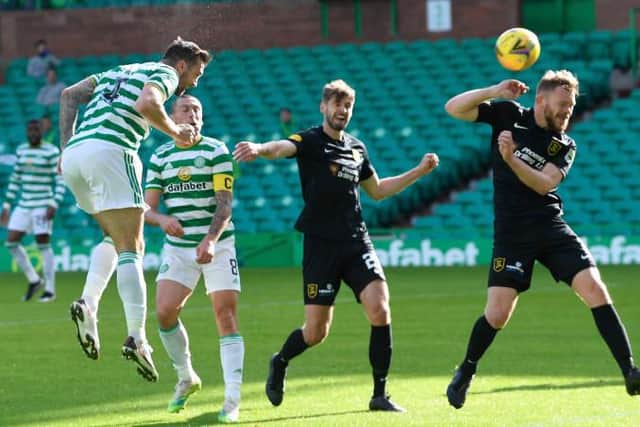 Celtic's Shane Duffy comes close with a header during a Scottish Premiership match between Celtic and Livingston at Celtic Park on September 19, 2020, in Glasgow, Scotland. (Photo by Rob Casey / SNS Group)
