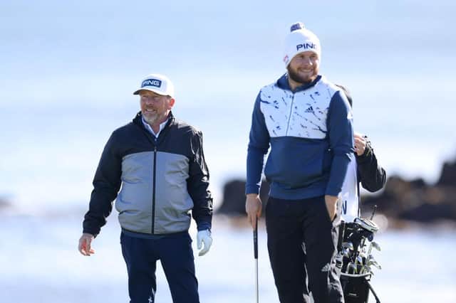 Tyrrell Hatton and his dad Jeff during day two of the 20th Alfred Dunhill Links Championship at Kingsbarns. Picture: Richard Heathcote/Getty Images.