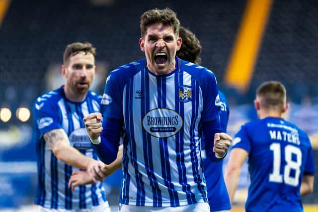 Kyle Lafferty celebrates after scoring to make it 2-0 to Kilmarnock - but the match ended 3-3. (Photo by Roddy Scott / SNS Group)